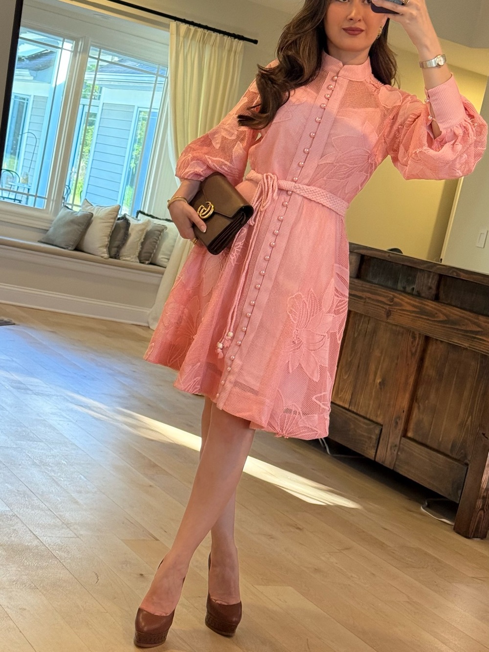EMBROIDERED FLORAL BELTED FISHNET MIDI DRESS IN PINK